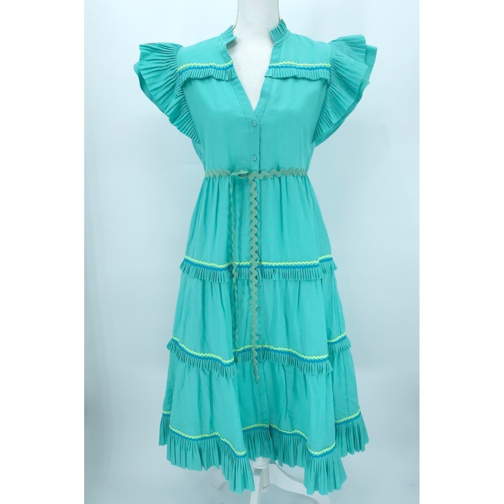 Turquoise Ruffle-Tiered Midi Dress with Waist Tie